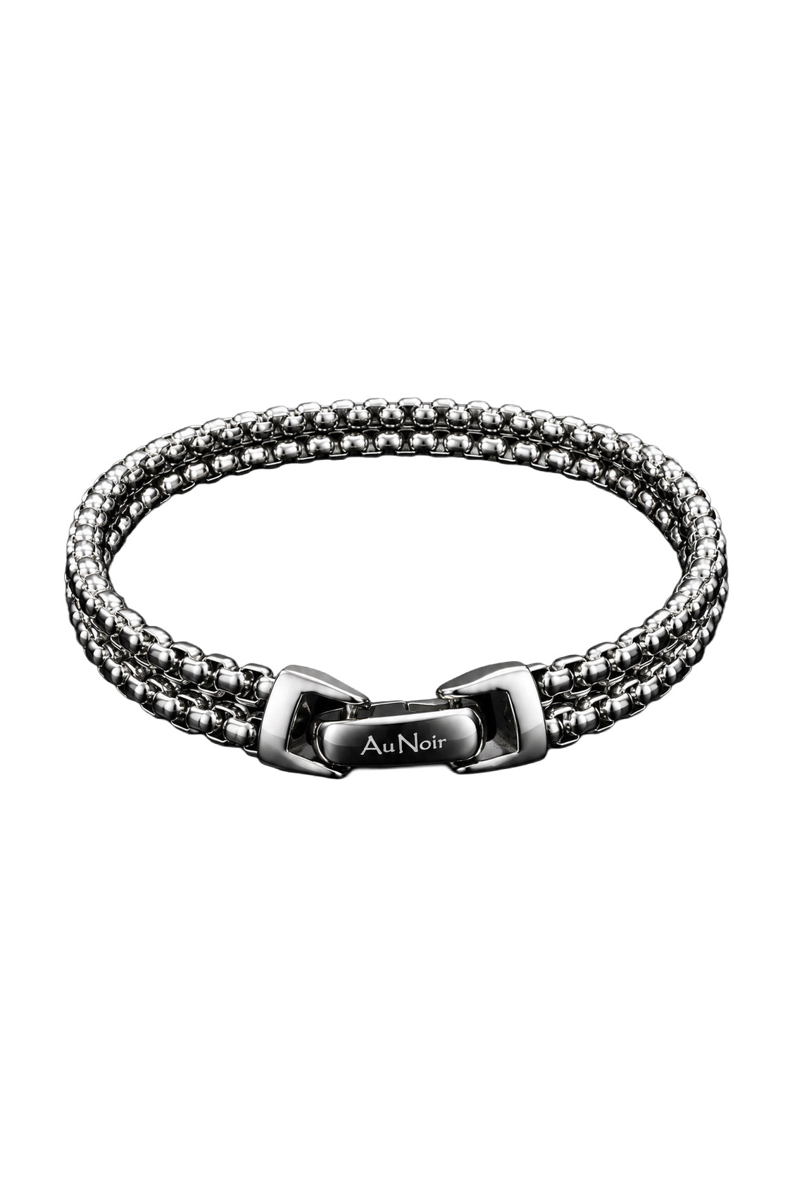 Bracelet argenté à maillons multiples avec fermoir à logo Au Noir, vue produit isolée pour homme