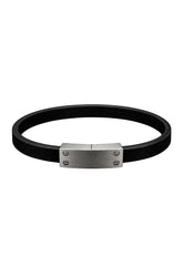 Men's black bracelet with brushed silver clasp and screw details, isolated product view by Au Noir