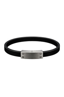 Bracelet noir avec fermoir argent brossé et détails de vis, vue produit isolée pour homme par Au Noir