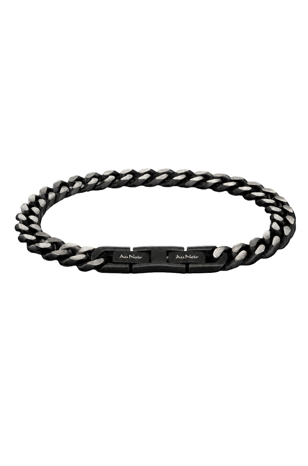 Bracelet chaîne noir à maillons argentés et fermoir avec logo Au Noir, vue produit pour homme