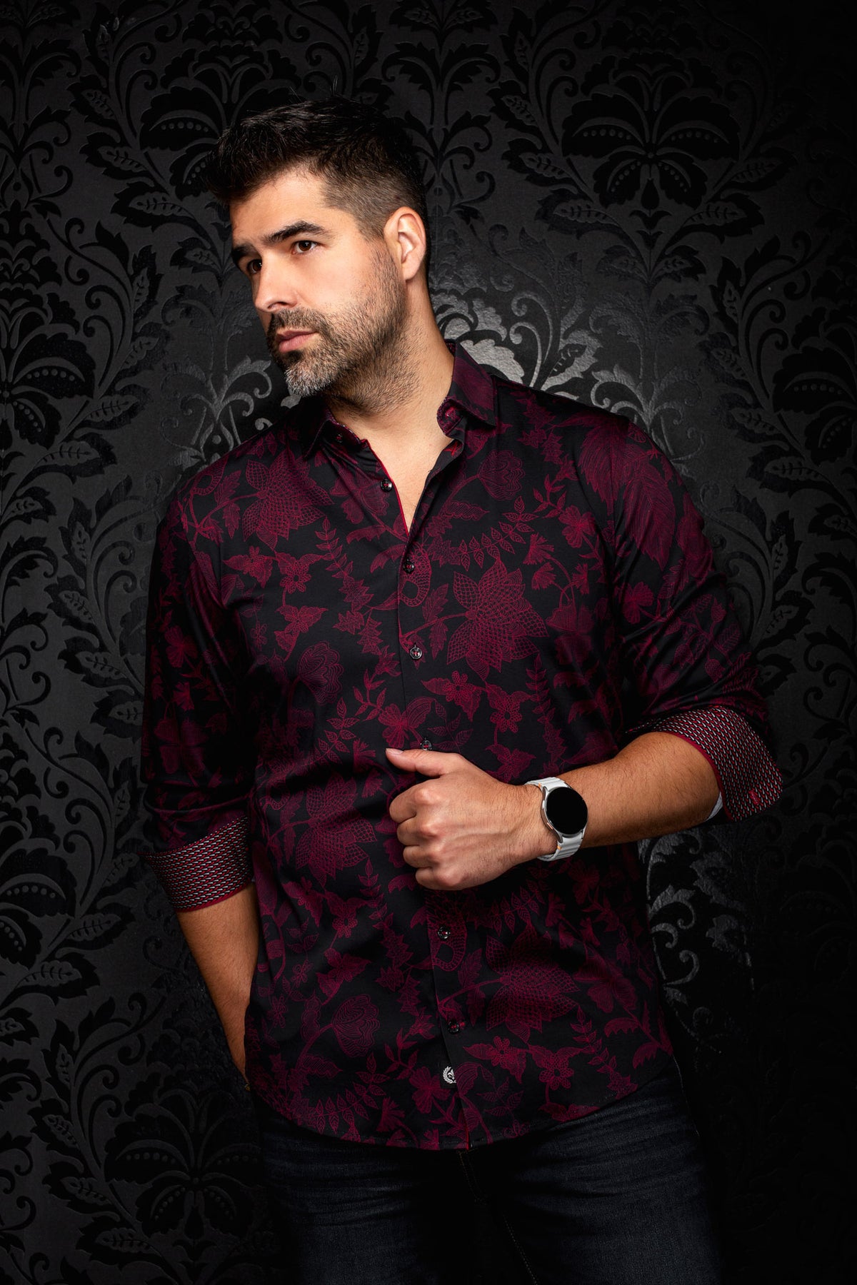 Men's angled model view of black burgundy floral button-up shirt, side view by Au Noir