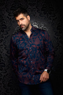 Chemise bleu marine à fleurs bourgogne, col classique et manches longues pour homme par Au Noir, vue de face