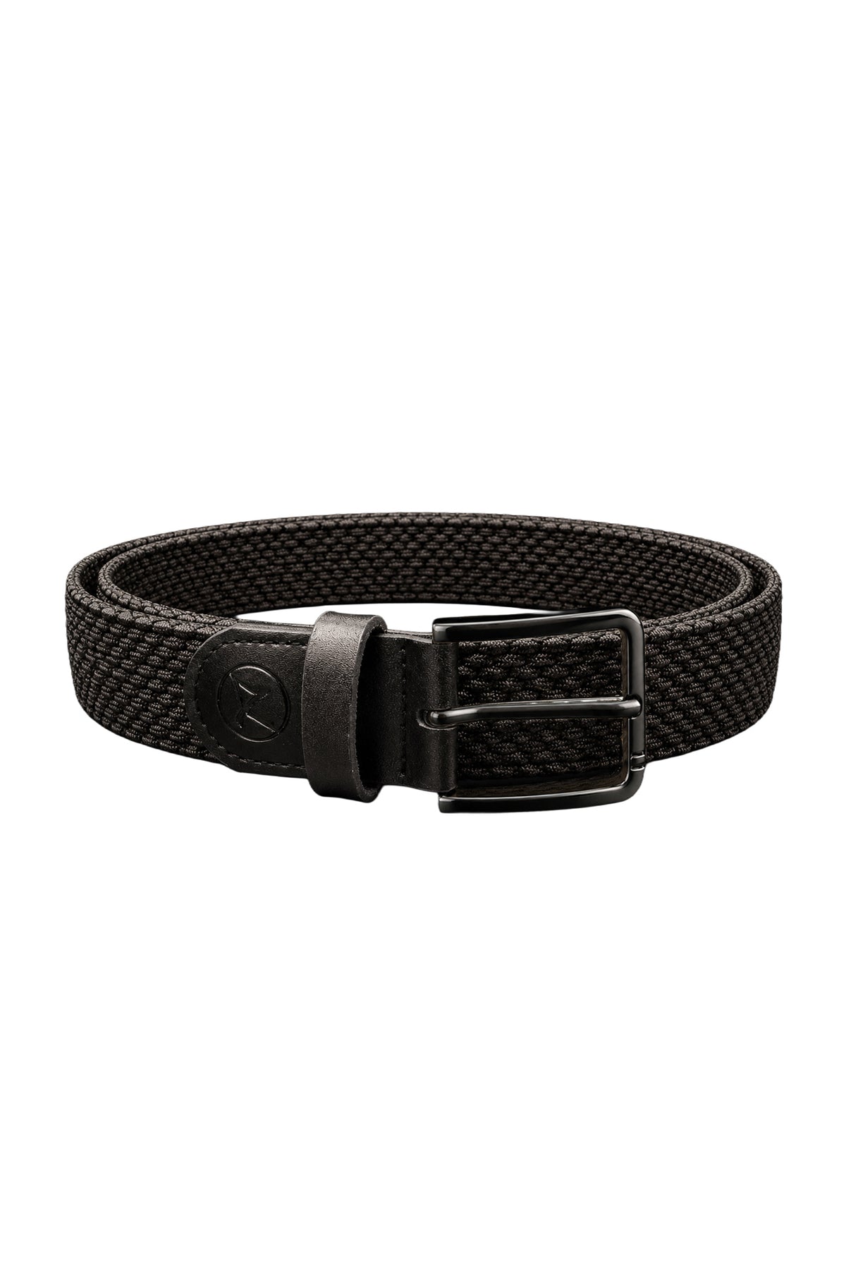 Au Noir men's black woven belt in isolated view with rectangular black buckle and tonal logo tab