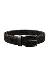 Ceinture noire tressée en vue isolée avec boucle rectangulaire noire et logo ton sur ton pour homme par Au Noir