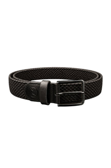 Ceinture noire tressée en vue isolée avec boucle rectangulaire noire et logo ton sur ton pour homme par Au Noir