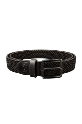 Ceinture noire tressée en vue isolée avec boucle rectangulaire noire et logo ton sur ton pour homme par Au Noir
