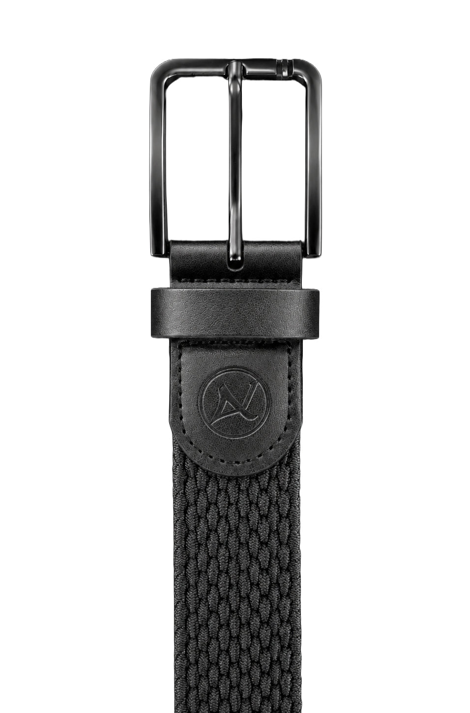Boucle de ceinture noire tressée avec passant et logo rond ton sur ton pour homme par Au Noir, en gros plan