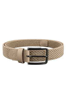 Ceinture tressée beige avec boucle noire, embouts effet cuir et logo embossé, vue produit pour homme par Au Noir