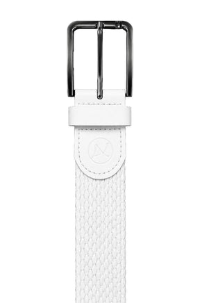 Au Noir men's white woven belt with black buckle, keeper loop, and embossed logo tab, close-up