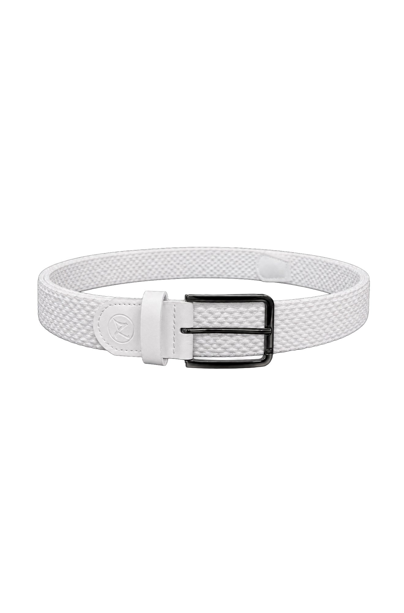 Au Noir men's white woven belt with black rectangular buckle and tonal trim, product view