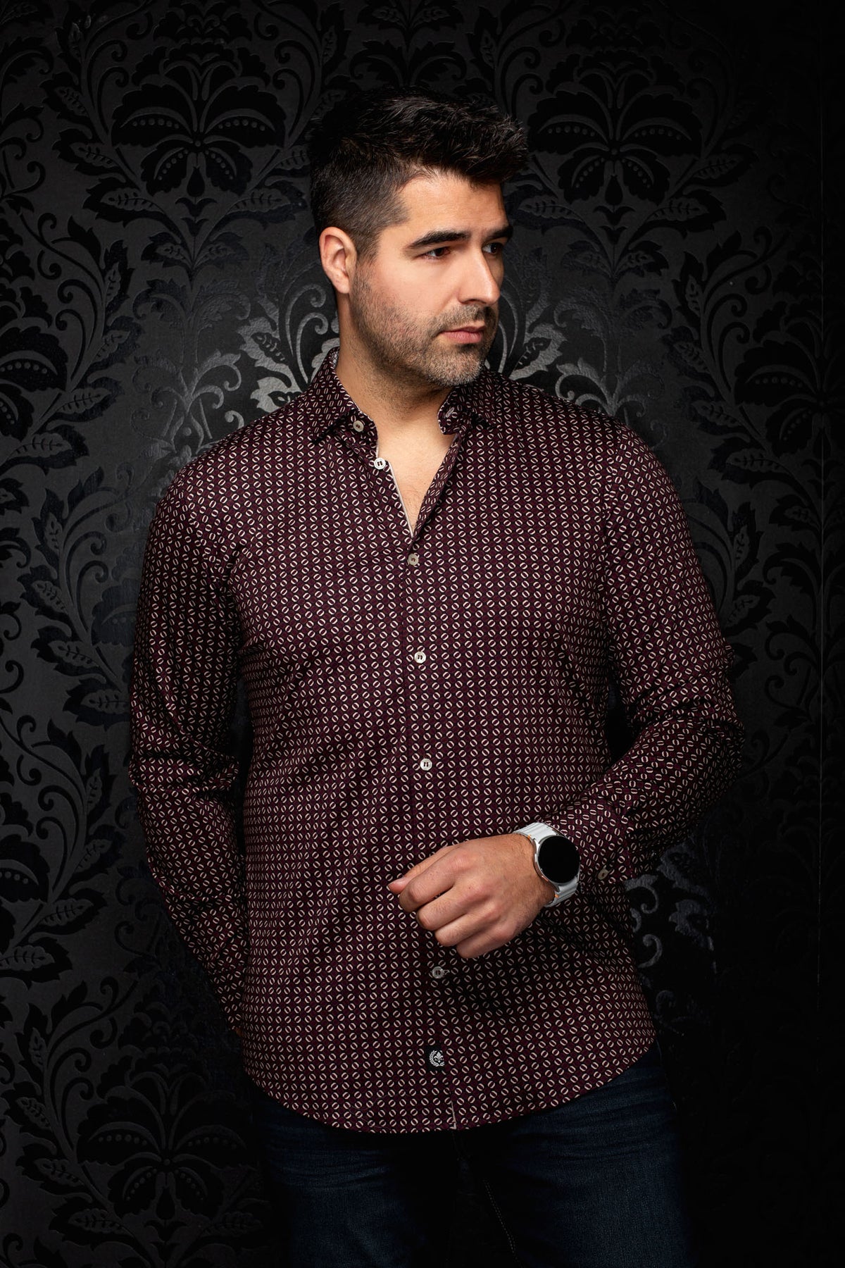 Front view of men's burgundy geometric print button-up shirt with long sleeves and light buttons by Au Noir