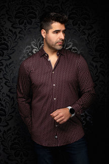 Vue de face d’une chemise bourgogne à motif géométrique, manches longues et boutons pâles pour homme par Au Noir