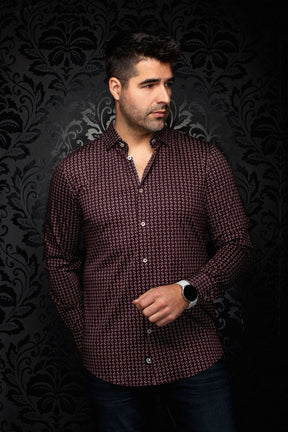 Vue de face d’une chemise bourgogne à motif géométrique, manches longues et boutons pâles pour homme par Au Noir
