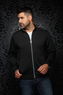 Vue de face d’une veste sport noire zippée à col montant, fermeture argentée et poches en biais pour homme par Au Noir