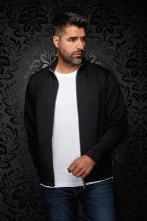 Au Noir men's angled front view of the black zip sport jacket worn open, showing the stand collar and silver zipper