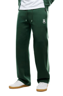 Sur mannequin de face, le pantalon jogging sport vert foncé à cordon, écusson logo et bas larges pour homme par Psycho Bunny
