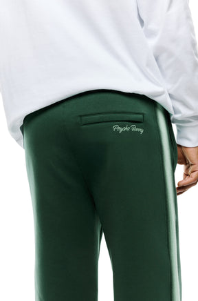 Pantalon jogging sport vert foncé avec poche passepoilée, broderie et bande pâle pour homme par Psycho Bunny, détail arrière