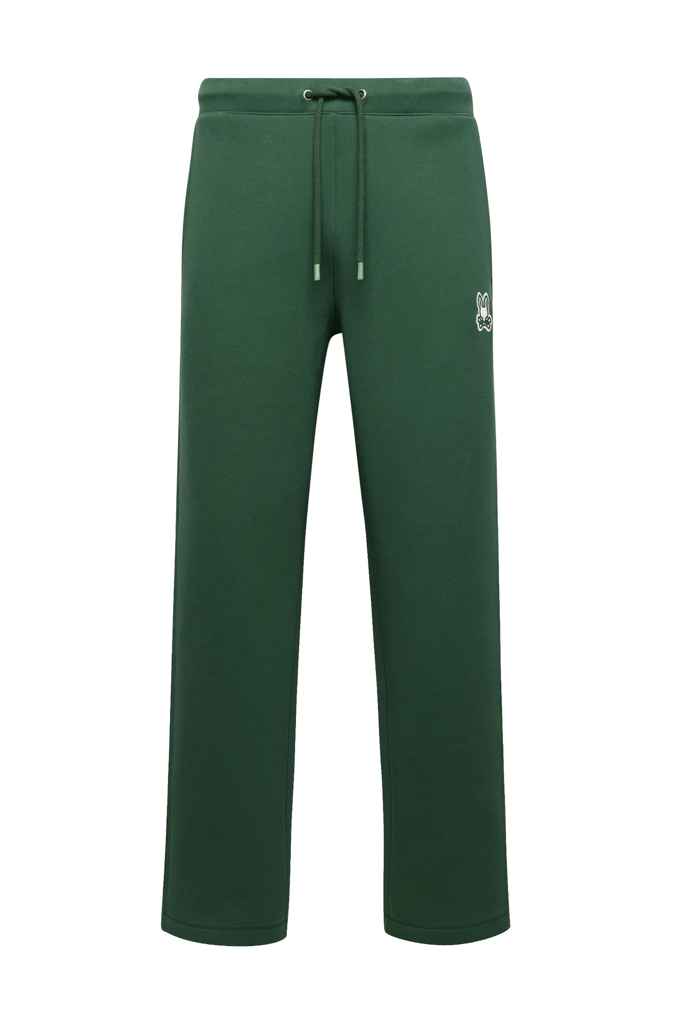 Pantalon jogging sport vert foncé à jambe large avec cordon et écusson lapin pour homme par Psycho Bunny, isolée de face