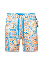 Short de bain crème avec cordon bleu et motif carreaux orange et bleu pour homme par Psycho Bunny, vue avant