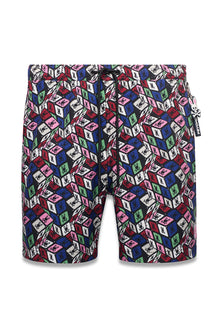Vue de face d’un short maillot noir multicolore avec étiquette latérale et taille à cordon pour homme par Psycho Bunny