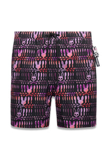 Short maillot noir à imprimé lapin tête de mort rose et mauve, taille élastique pour homme par Psycho Bunny, vue produit