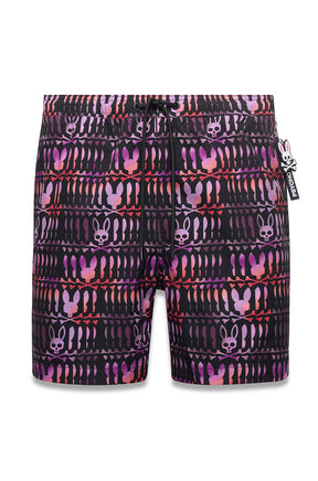 Short maillot noir à imprimé lapin tête de mort rose et mauve, taille élastique pour homme par Psycho Bunny, vue produit