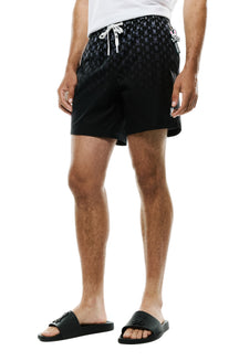 Short maillot de bain noir avec cordon blanc, motif lapin dégradé et étiquette côté pour homme par Psycho Bunny, de face