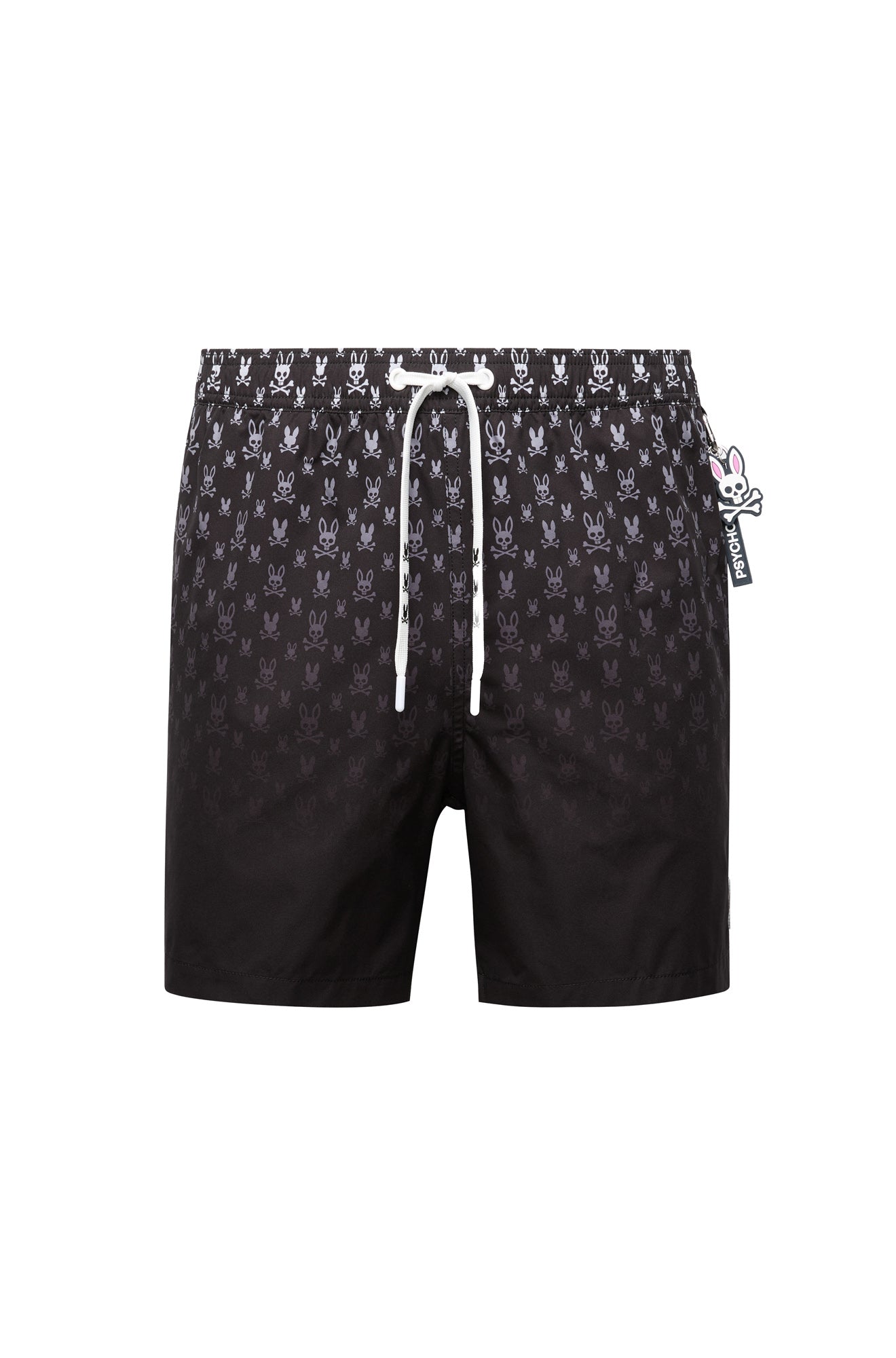 Vue isolée de face du short maillot de bain noir avec motif lapin tête de mort et cordon blanc pour homme par Psycho Bunny
