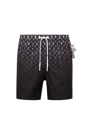 Vue isolée de face du short maillot de bain noir avec motif lapin tête de mort et cordon blanc pour homme par Psycho Bunny