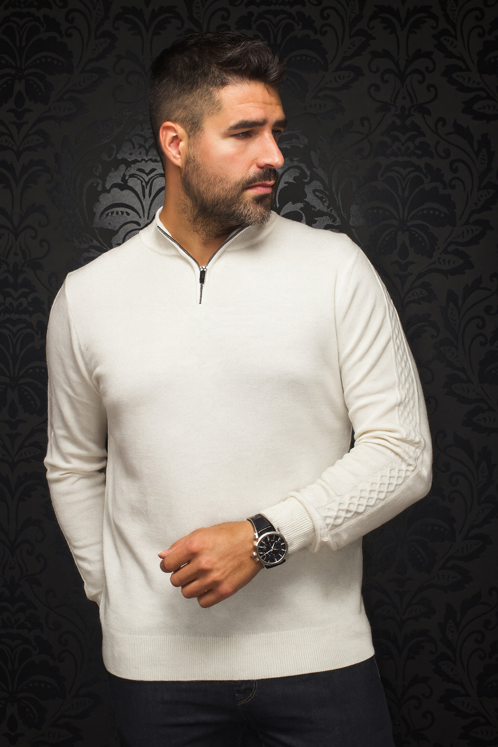 Chandail zip 1/4 en laine mérino pour homme par Au Noir | MESTA Crème | Machemise.ca, inventaire complet de la marque Au Noir