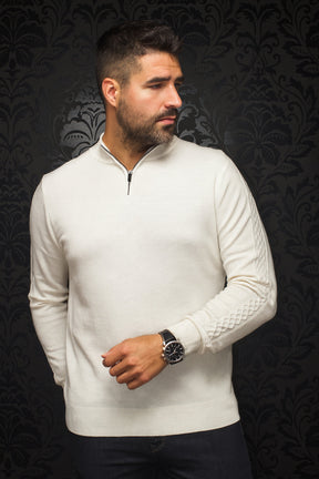 Chandail zip 1/4 en laine mérino pour homme par Au Noir | MESTA Crème | Machemise.ca, inventaire complet de la marque Au Noir