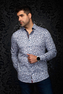 Chemise blanche à microfleurs, col contrasté marine et boutons bleus pour homme par Au Noir, vue de face