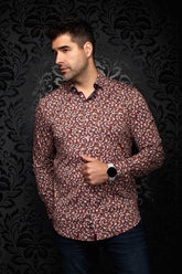 Au Noir men's burgundy floral button-up shirt with long sleeves, spread collar, and curved hem shown from the front