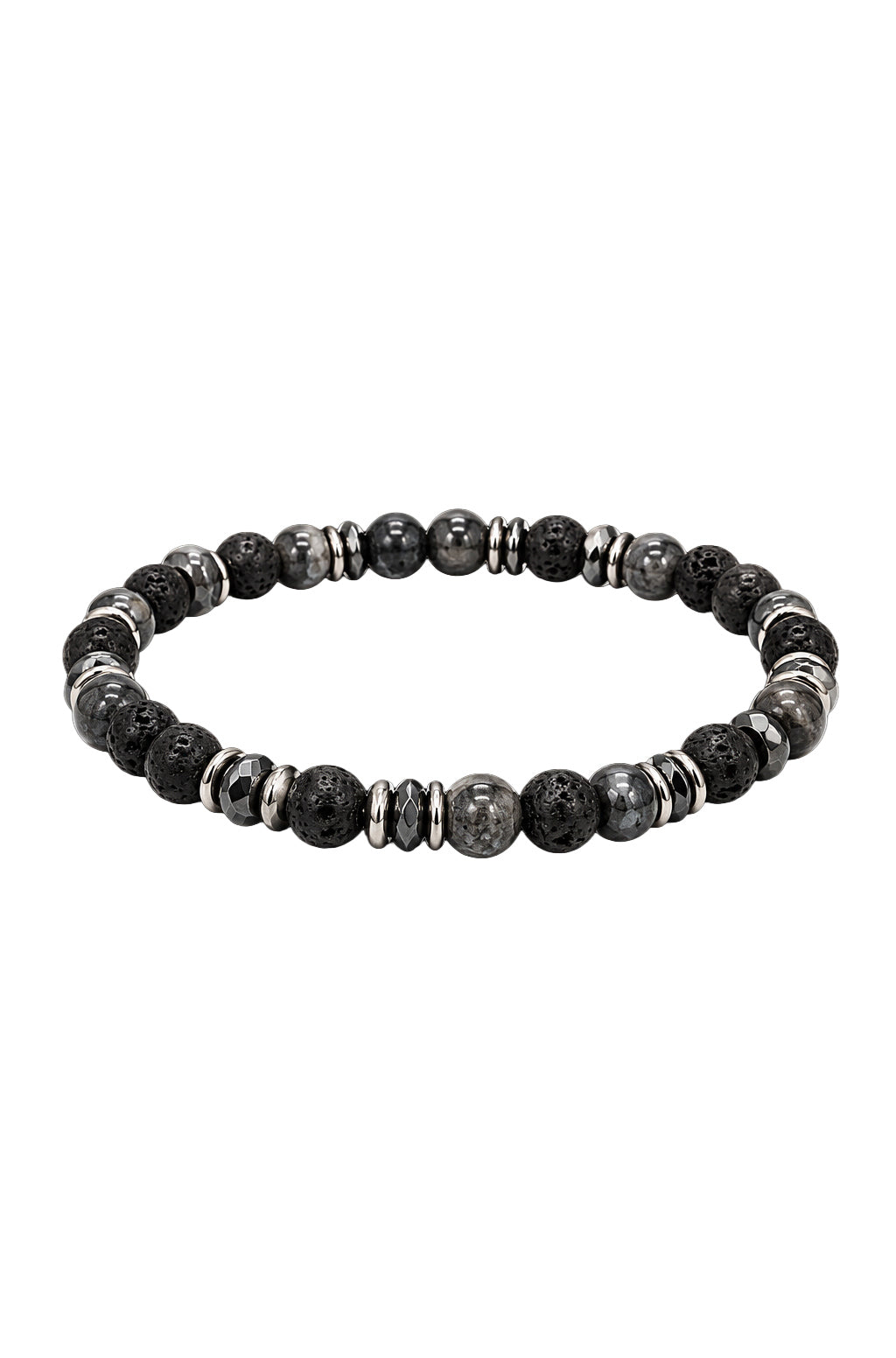 Bracelet à billes noir et gris foncé avec perles poreuses et anneaux argentés, vue produit pour homme par Au Noir