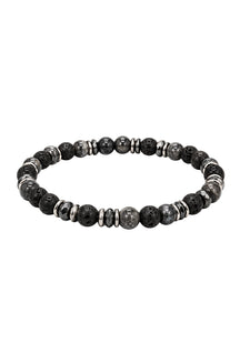 Bracelet à billes noir et gris foncé avec perles poreuses et anneaux argentés, vue produit pour homme par Au Noir