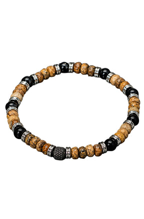 Bracelet à billes brunes mouchetées et noires lustrées avec espaceurs argentés, vue produit pour homme par Au Noir