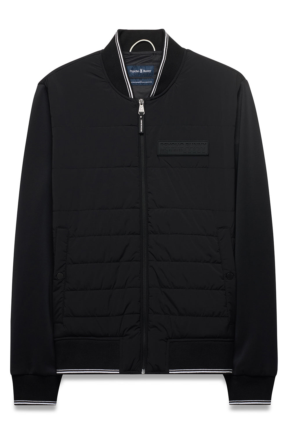Men's black zip-front windbreaker jacket with hem, cuffs, striped rib collar and quilted front, product view by Psycho Bunny