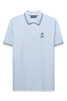 Psycho Bunny men's light blue polo with striped collar and cuffs, button placket, and chest logo shown from the front