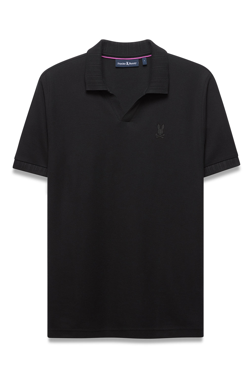 Men's black polo front view with ribbed collar, open placket, tonal chest logo and pink neck trim by Psycho Bunny