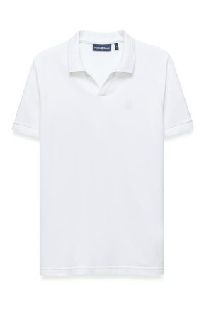 Men's white short sleeve polo shirt front view with ribbed collar and tonal chest logo by Psycho Bunny