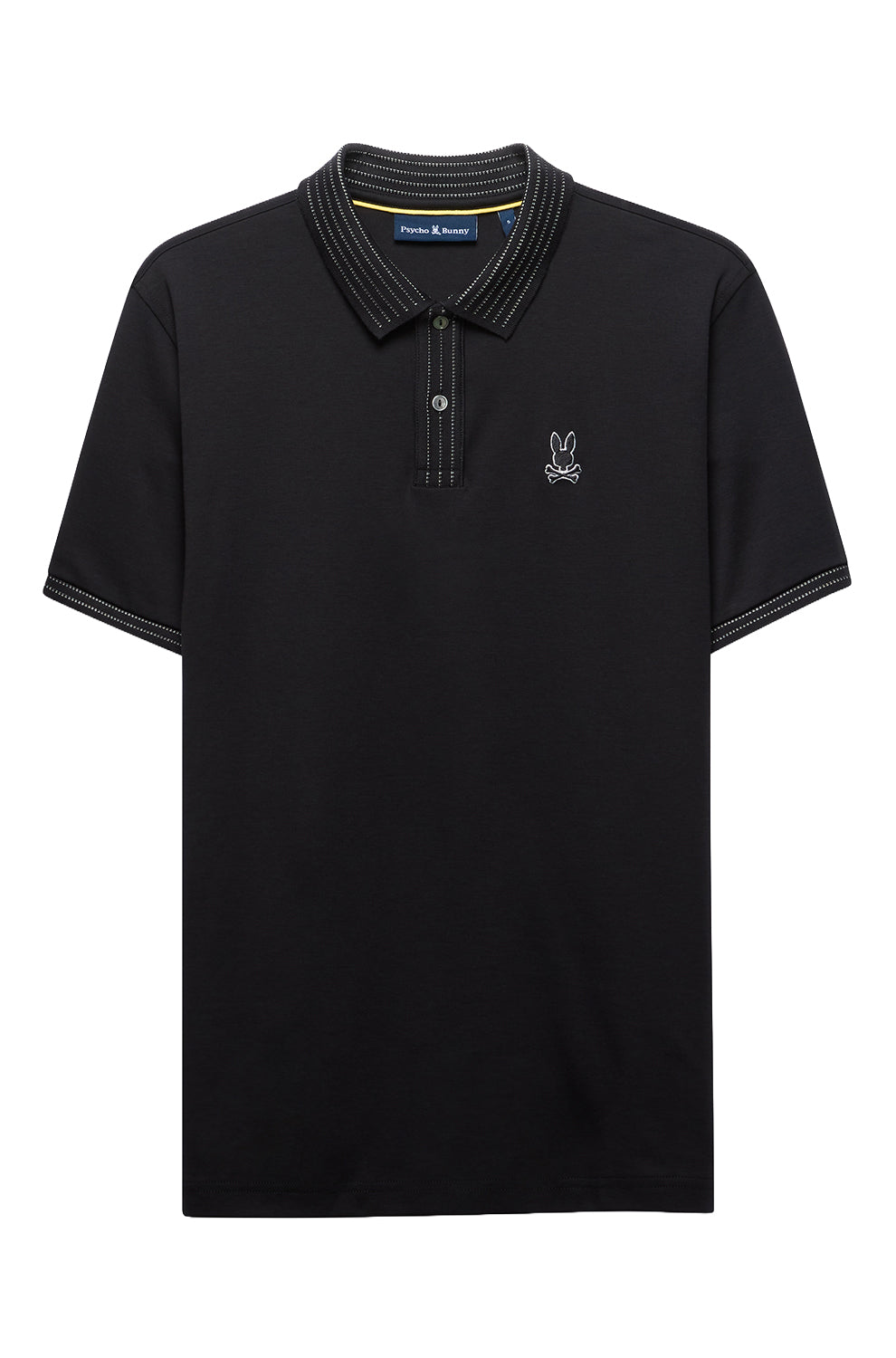 Polo noir isolé de face avec logo lapin brodé à la poitrine, patte surpiqués et col pour homme par Psycho Bunny