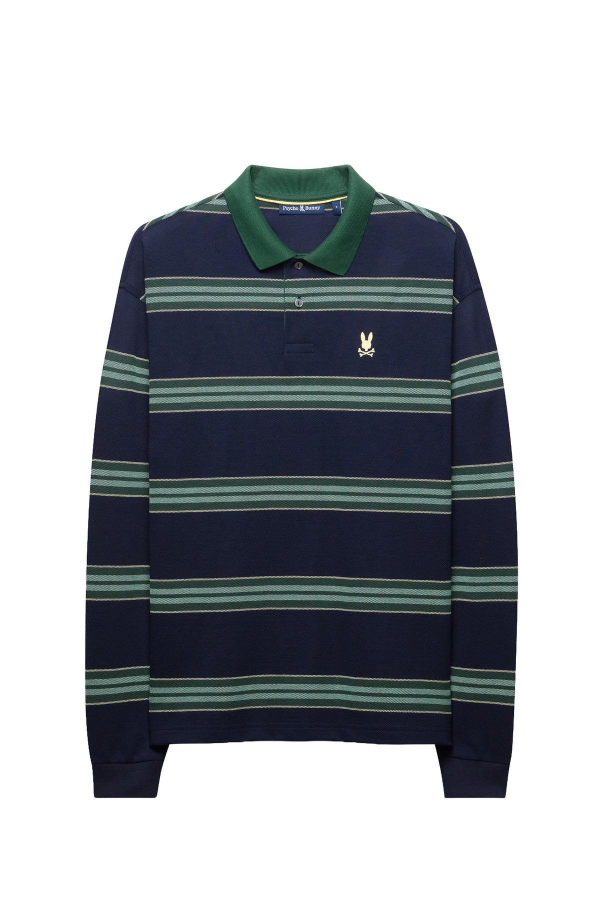 Polo à manches longues marine à rayures vertes, col vert pour homme par Psycho Bunny, vue produit
