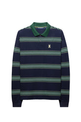 Polo à manches longues marine à rayures vertes, col vert pour homme par Psycho Bunny, vue produit