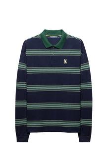 Polo à manches longues marine à rayures vertes, col vert pour homme par Psycho Bunny, vue produit