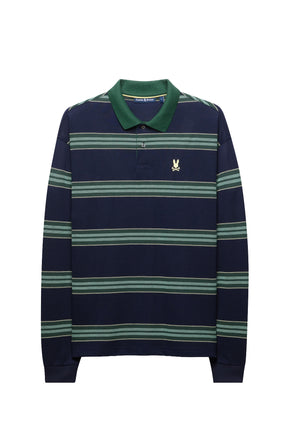 Polo à manches longues marine à rayures vertes, col vert pour homme par Psycho Bunny, vue produit