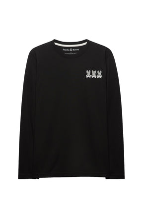 Vue produit avant du T-Shirt noir à manches longues avec triple logo lapin blanc à la poitrine pour homme par Psycho Bunny