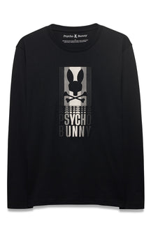 Front view of men's black long sleeve crewneck T-Shirt with gray and white Psycho Bunny graphic