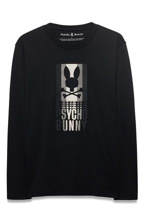 Front view of men's black long sleeve crewneck T-Shirt with gray and white Psycho Bunny graphic