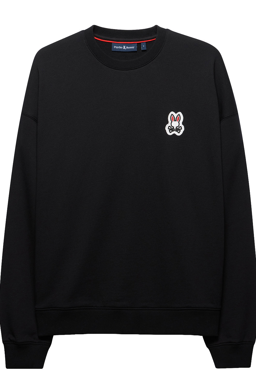 Chandail manches longues molletonné noir à col rond avec bordures côtelées pour homme par Psycho Bunny, vue de face
