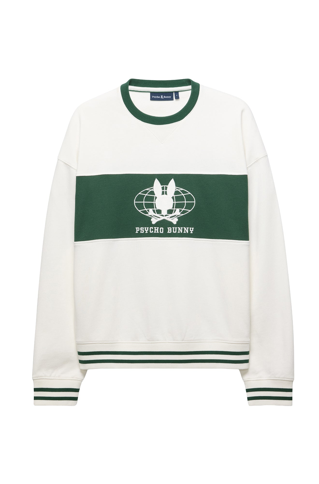 Vue avant du chandail manches longues crème avec bordures rayées, logo Psycho Bunny brodé et panneau vert pour homme